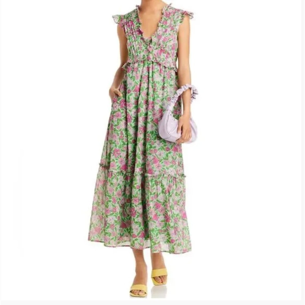 Banjanan Constance Floral Print Ruffled Dress Patina, Green Pink, Size Medium